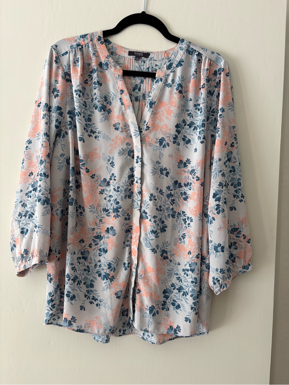 Floral Button-Front Blouse in Coral and Blue